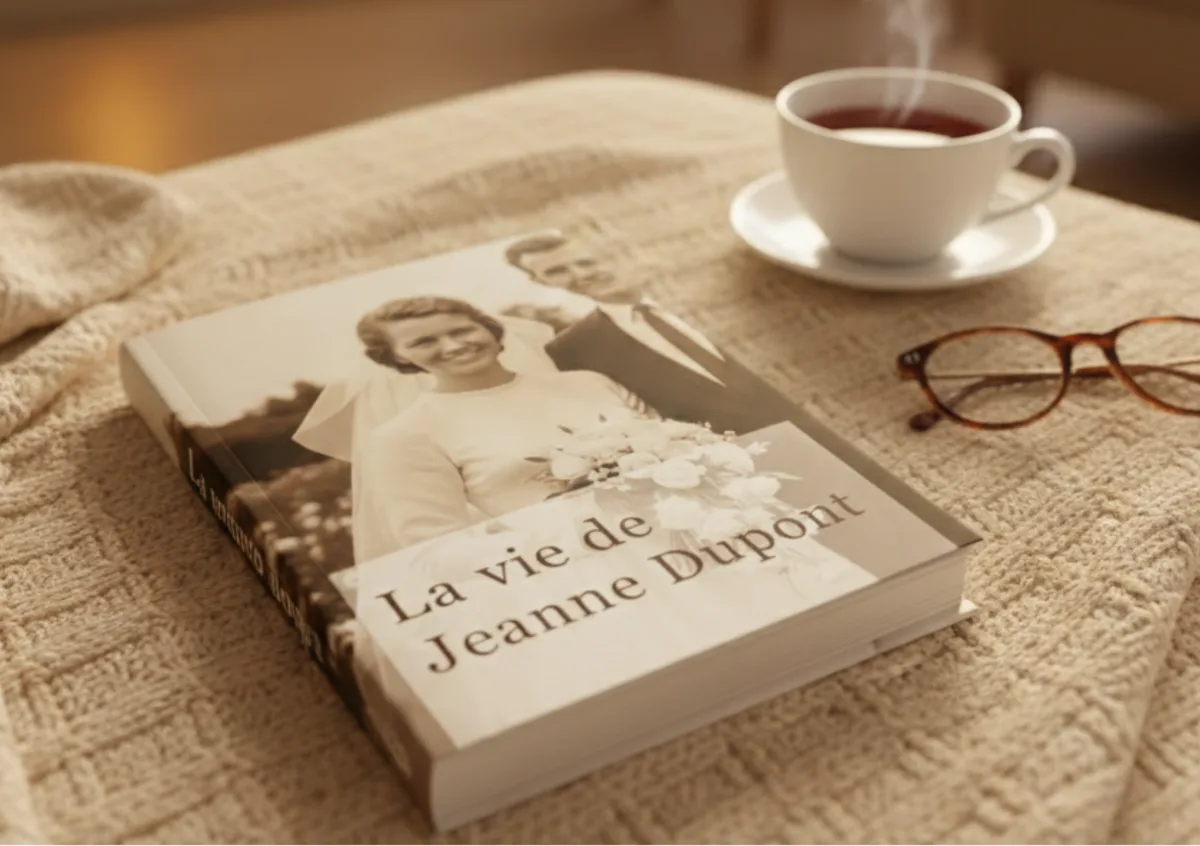 Livre de vie relié posé sur un plaid, couverture sépia avec photo de mariage, tasse de thé et lunettes
