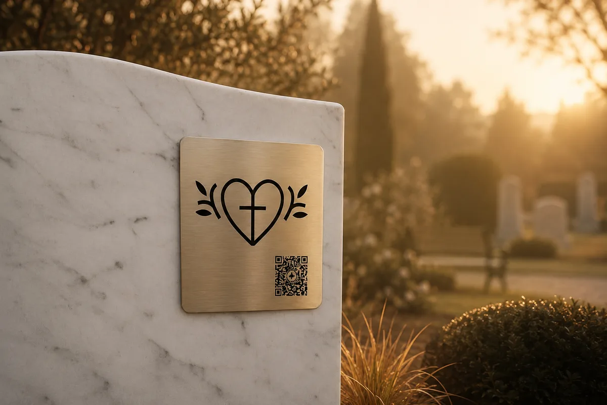 Plaque commémorative en laiton gravée d'un QR code sur une stèle en marbre blanc, jardin du souvenir en lumière dorée