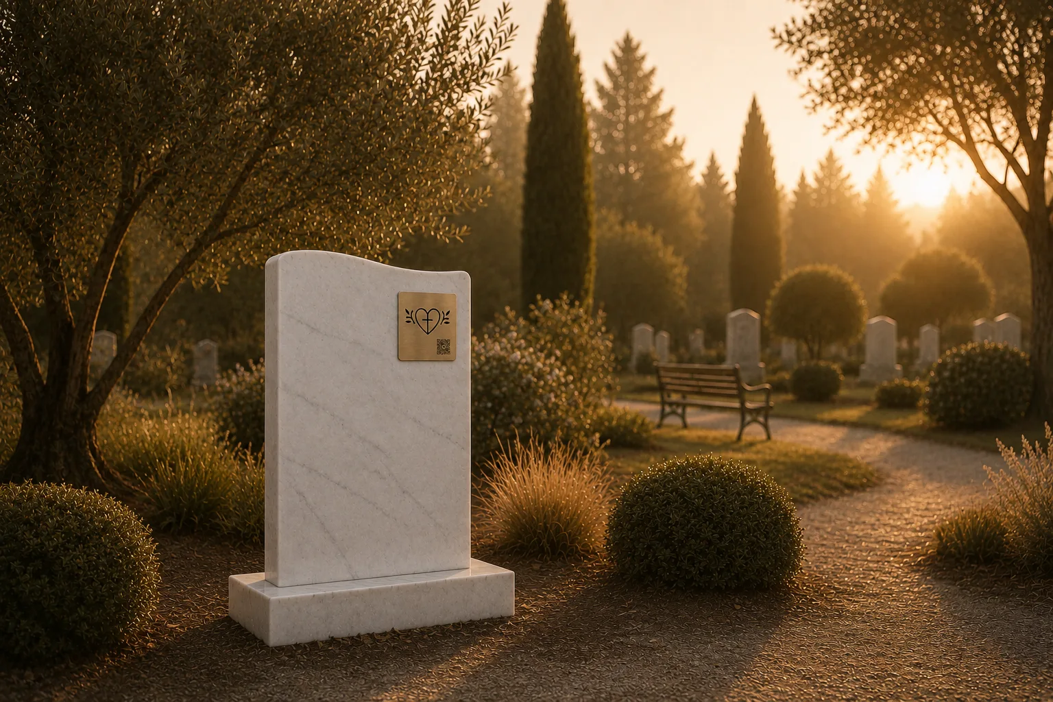 Plaque mémorielle Meastoria en laiton gravée d'un QR code, sur une stèle en marbre blanc