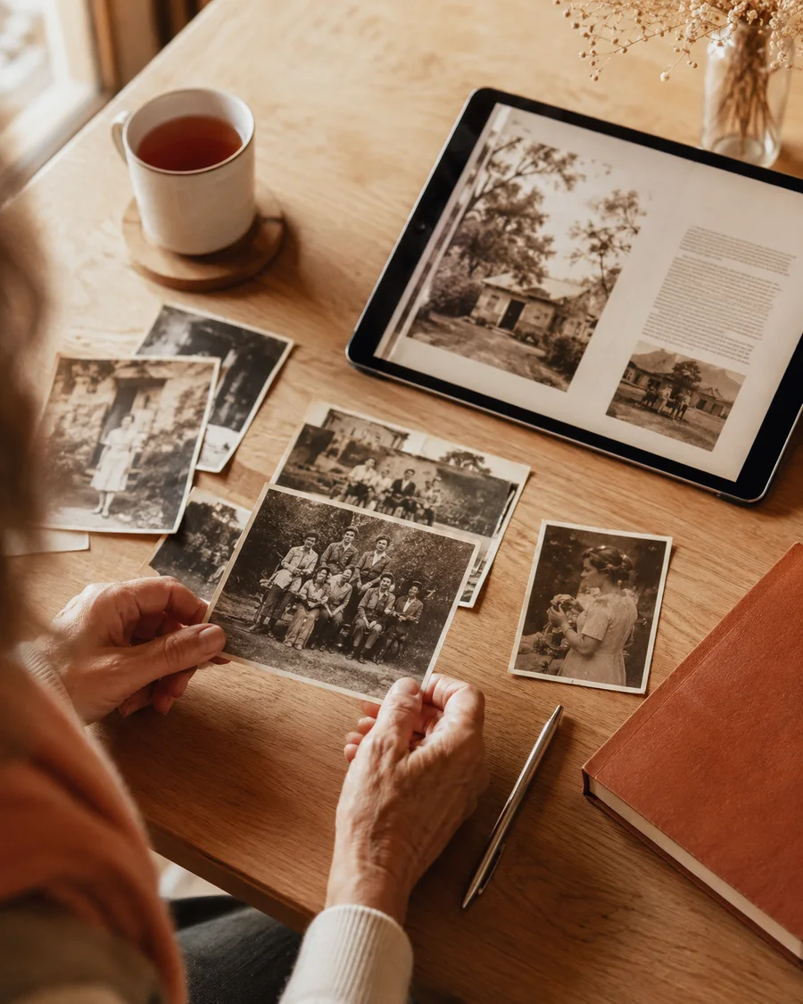 Des mains disposent de vieilles photos de famille à côté d'une tablette affichant une page de livre