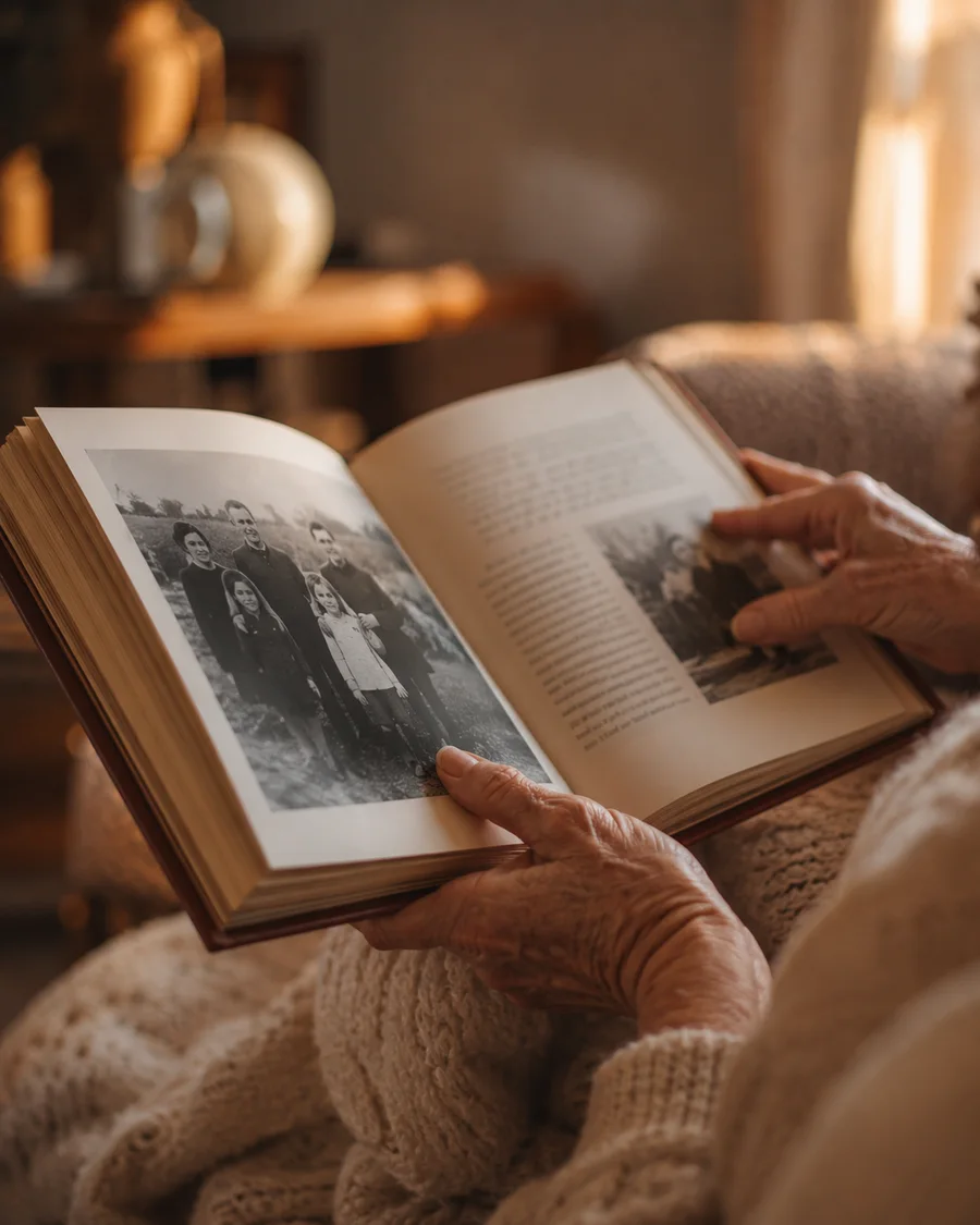 Des mains âgées feuillettent un livre de vie ouvert sur une photo de famille noir et blanc