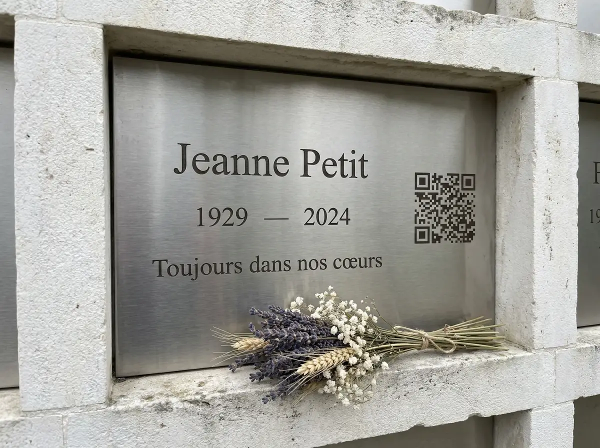 Plaque mémorielle sur une case de columbarium