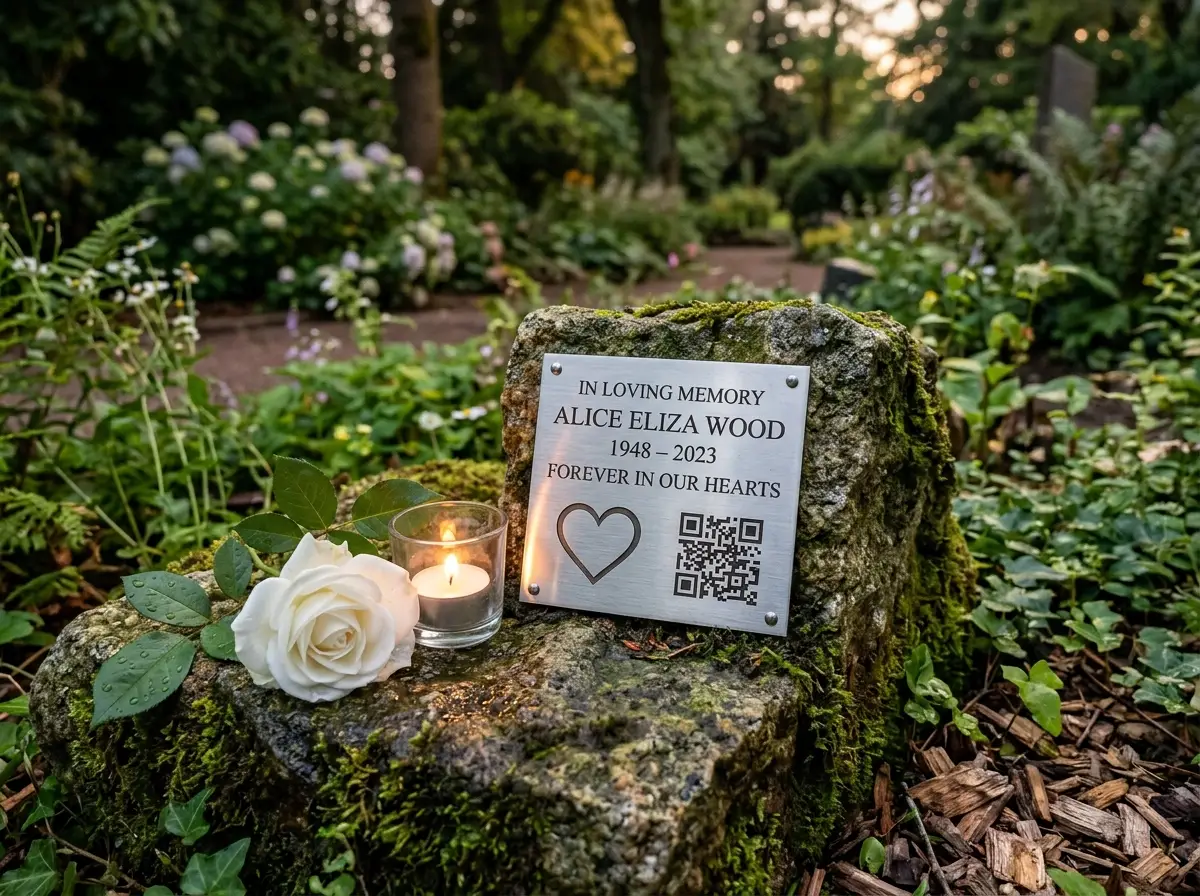 Plaque avec cœur gravé dans un jardin du souvenir