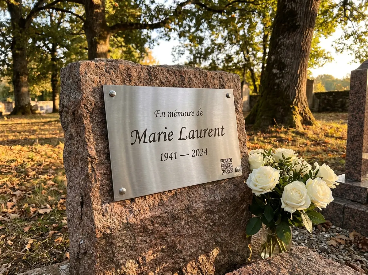 Plaque Meastoria gravée sur une sépulture en granit
