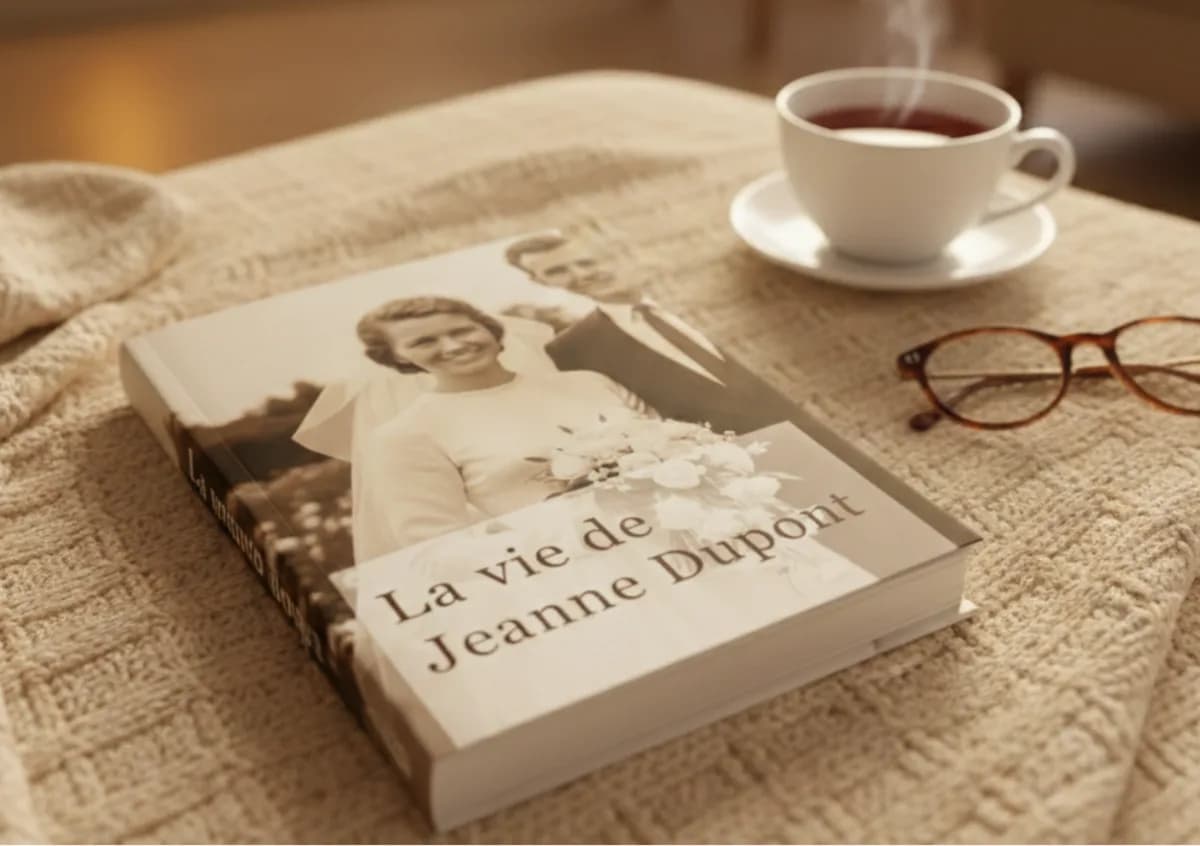 Un Livre de Vie Meastoria relié, posé sur un plaid avec une tasse de thé