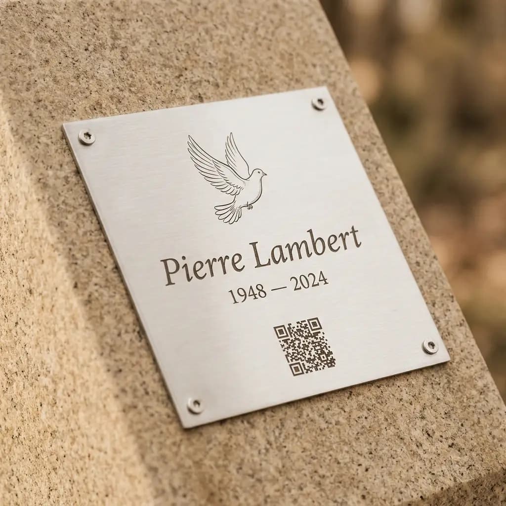 Plaque inox 10 × 10 cm personnalisée : motif gravé, texte et QR code